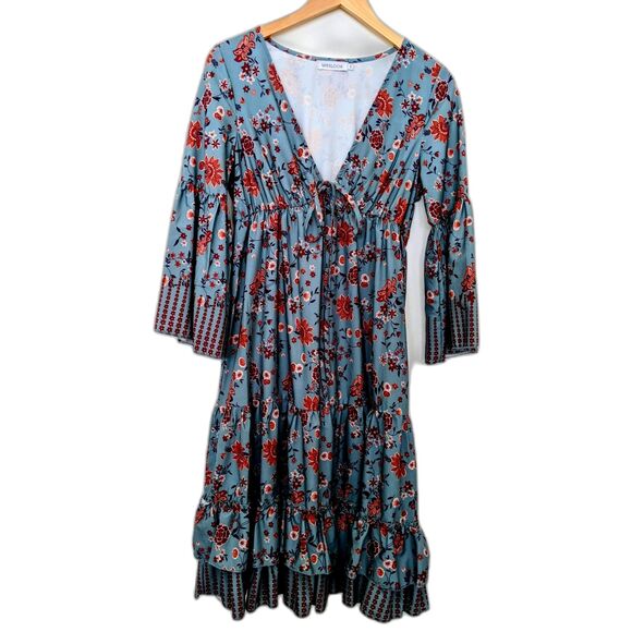 MISSLOOK Dresses & Skirts - Women's Misslook Blue & Orange Autumn Cottagecore Flowered Dress Bell Sleeves S